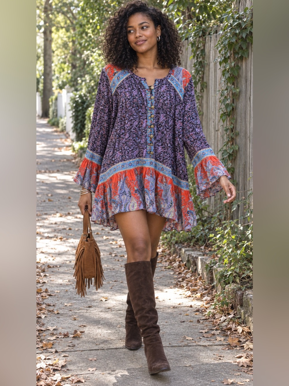 Gorgeous EUC Boho Floral Button-Front Tunic Dress in Purple and Red from Ecote
